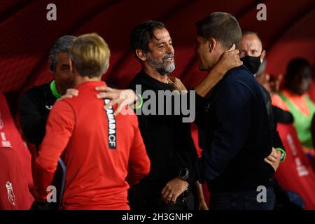 Granada, Spain. 28th Oct, 2021. Getafe CF coach Quique Sanchez Flores salutes Granada CF coach Robert Moreno before the La Liga Santander match between Granada CF and Getafe CF at Estadio Nuevo Los Carmenes.(Final Score: Granada CF 1:1 Getafe FC) Credit: SOPA Images Limited/Alamy Live News Stock Photo