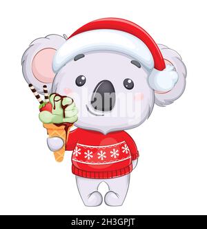 Merry Christmas and Happy New Year. Funny koala in Santa hat and red sweater holding ice-cream. Cute cartoon character. Stock vector illustration Stock Vector