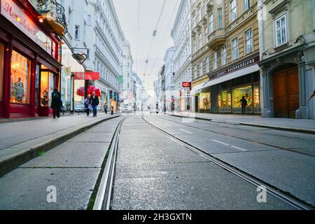 Vienna Austria - September 5 2017; view along Urban business district street of exclusive retail shops. Stock Photo