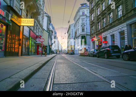 Vienna Austria - September 5 2017; view along Urban business district street of exclusive retail shops. Stock Photo