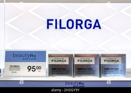 Toronto, Ontario, Canada-October 20, 2019: Filorga products on display in a  retail store. The product has a good demand in most Canadian stores. Stock Photo
