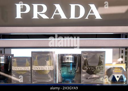 Toronto, Ontario, Canada-October 20, 2019: Prada products on display in a  retail store. The product has a good demand in most Canadian stores. Stock Photo
