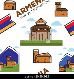 Armenian architecture and nature mountains and national flag seamless pattern Stock Vector