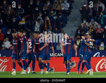 Valencia, Spain. 28th Oct, 2021. Levante's players celebrate during a Spanish first division league football match between Levante UD and Atletico de Madrid in Valencia, Spain, on Oct. 28, 2021. Credit: Str/Xinhua/Alamy Live News Stock Photo