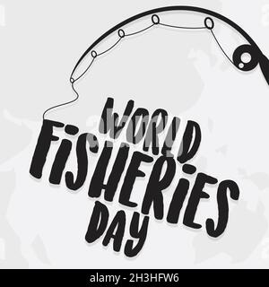 Letter World Fisheries Day with fishing rod and world map background. Colorful design World Fisheries Day for element design. Vector illustration EPS. Stock Vector