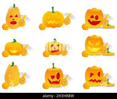 Decorative pumpkin for Halloween saying no with his finger as a cartoon character with face. Vector Illustration. Stock Vector