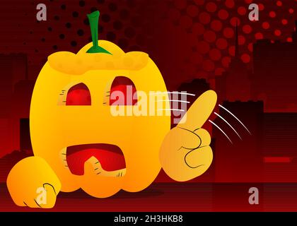 Decorative pumpkin for Halloween saying no with his finger as a cartoon character with face. Vector Illustration. Stock Vector