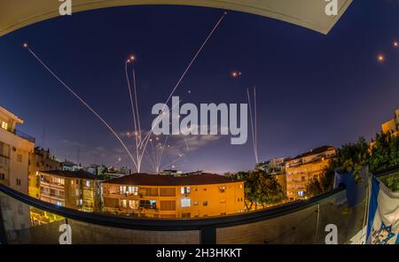 Iron Dome Rocket Interceptions of Hamas Rockets- Southern Israel- Night Attack On Ashdod City Stock Photo