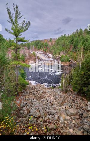 Onaping High Falls is located near Sudbury Ontario Canada.  The most famous view of these falls is from the A Y Jackson lookout. Stock Photo