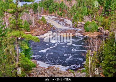 Onaping High Falls is located near Sudbury Ontario Canada.  The most famous view of these falls is from the A Y Jackson lookout. Stock Photo