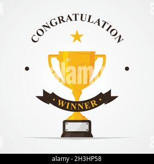 Congratulation letter with trophy cup in gold color. Winner trophy icon symbol in flat style. Vector illustration EPS.8 EPS.10 Stock Vector