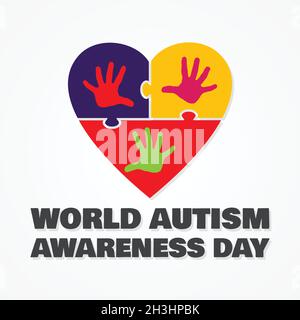 Colorful design word world autism awareness day with love puzzle symbol. World autism awareness day for banner background design element. Vector illus Stock Vector