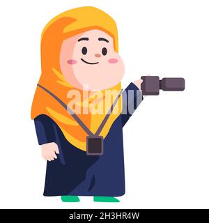 Moslem woman reporter press from a TV station is holding camera to report news modern cartoon flat color isolated background vector Stock Vector