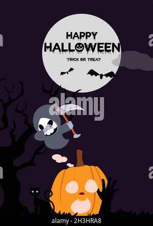 Happy Halloween Scary Wishes, Halloween Ghost with Scary jack o lantern in horror background, Halloween holiday celebration vector illustration Stock Vector