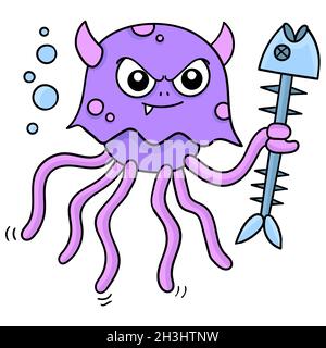 an angry evil faced jellyfish is holding a spiked fish bone stick weapon Stock Vector