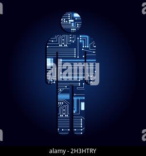 Man symbol with a technological electronics circuit. Blue background. Stock Vector