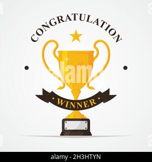 Congratulation letter with trophy cup in gold color. Winner trophy icon symbol in flat style. Vector illustration EPS.8 EPS.10 Stock Vector