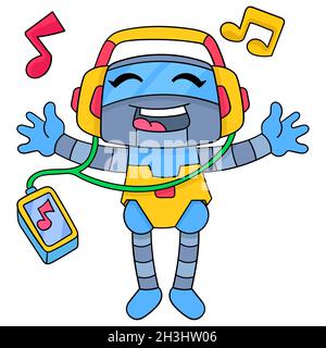 the robot is happily wearing headphones listening to music from a smartphone Stock Vector