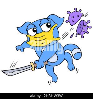 cat samurai carrying sword splitting corona virus Stock Vector