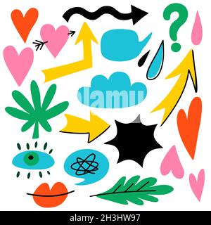 Set of hand drawn doodle colorful design elements. Abstract simple shapes, hearts, arrows and leaves, isolated on white background. Stock Vector