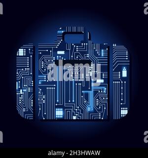Suitcase symbol with a technological electronics circuit. Blue background. Stock Vector