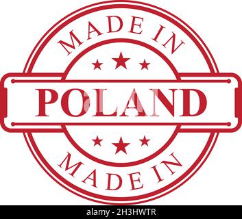 Made in Poland label icon with red color emblem on the white background. Vector quality logo emblem design element. Vector illustration EPS.8 EPS.10 Stock Vector