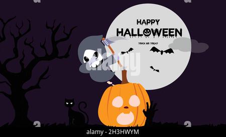 Happy Halloween Scary Wishes, Halloween Ghost with Scary jack o lantern in horror background, Halloween holiday celebration vector illustration Stock Vector