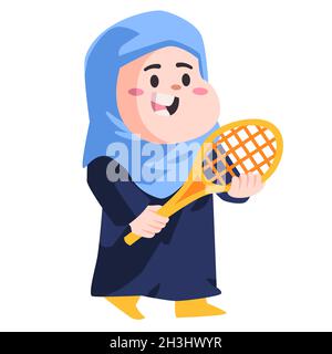 Muslim woman with blue hijabscarf playing badminton sport modern cartoon color isolated background vector illustration Stock Vector