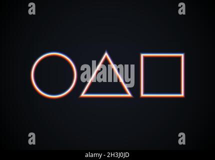 Neon geometric shapes with glitchy glowing. Shiny circle, triangle and square on black background for party or quest invitation. Stock Vector