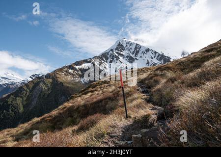 Liverpool Hut in the Matukituki Valley in Mt. Aspiring National Park, hiking trail, New Zealand. Stock Photo