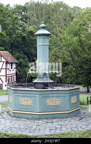 Village fountain, market place, Hessenpark, Stock Photo