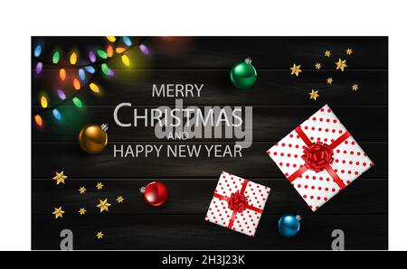 Merry Christmas and Happy New Year Gift box on black oak wood plank with text top view design for holiday festival celebration vector background illus Stock Vector