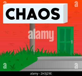 Chaos text with front door background. Bar, Cafe or drink establishment front with poster. Stock Vector