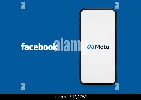 California, United States. Oct 28, 2021: Meta logo, Facebook rebrand concept. Transition and change to metaverse. Stock Photo