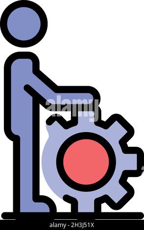 Man take gear wheel icon. Outline man take gear wheel vector icon color flat isolated Stock Vector