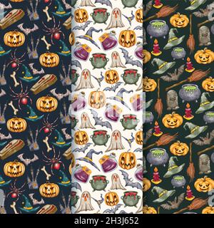 watercolor halloween patterns collection vector design illustration Stock Vector