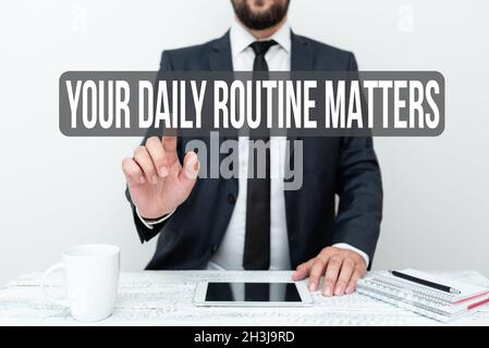 Handwriting text Your Daily Routine Matters. Word for practice of regularly doing things in fixed order Presenting Communication Technology Smartphone Stock Photo