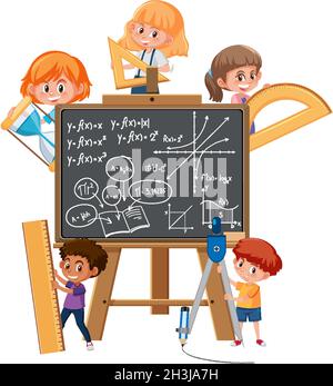 Student holding math tools and math formula on blackboard illustration Stock Vector