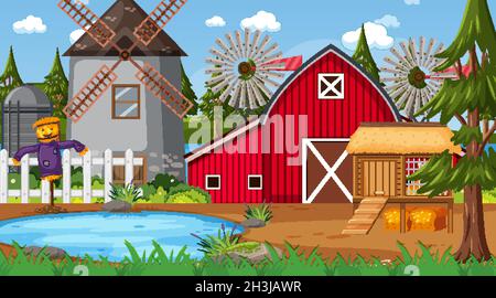 Empty farm scene with red barn and windmill illustration Stock Vector ...