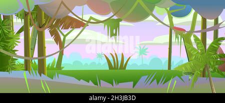 Jungle leaves. Dense thickets. Morning sunrise dawn or evening sunset. View from Tropical forest panorama. Southern Rural Scenery. Illustration in Stock Vector