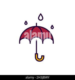 Open umbrella with rain falling down. Pixel perfect, editable stroke colorful line art icon Stock Vector