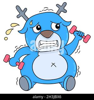 blue fat deer is on a diet doing a fitness gym lifting a barbell Stock Vector