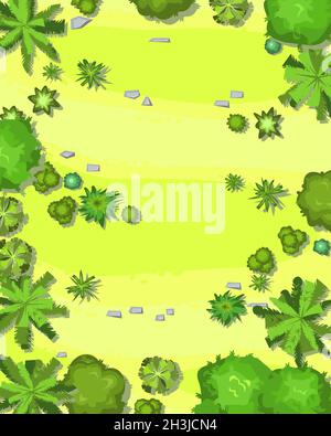 Hilly lawn in the forest. View from above. Countryside rural landscape. Green foliage of trees and shrubs. Top view. Background illustration in Stock Vector