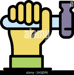 Hammer in hand icon. Outline hammer in hand vector icon color flat isolated Stock Vector
