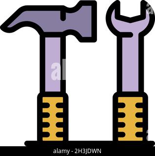 Communications engineer hammer key icon. Outline communications engineer hammer key vector icon color flat isolated Stock Vector
