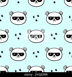 Polar bear with sunglasses and snowflakes cute trendy seamless pattern isolated on blue background Stock Vector