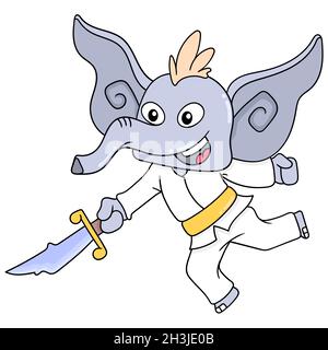 the laughing faced elephant was practicing martial arts with a sharp sword Stock Vector