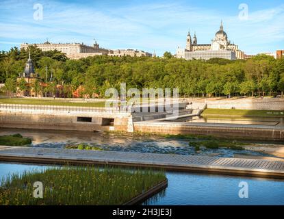 Madrid Skyline with the Segovia Bridge, Almudena Cathedral and the Royal Palace Stock Photo