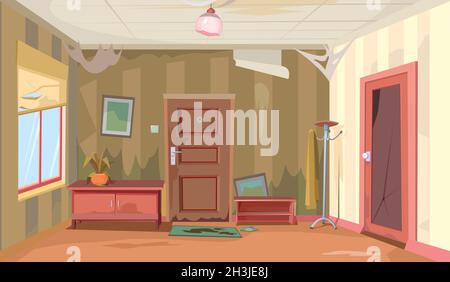 Ruined hallway to the home. Abandoned house. Old non residential premises. Repair required. Door and window. Furniture in the interior. Illustration Stock Vector