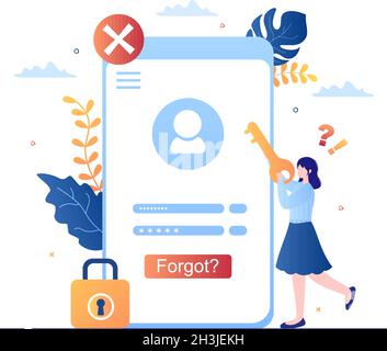 Forgot Password and Account Login for Web page, Protection, Security, Key, Access System in Smartphone or Computer Flat Vector Illustration Stock Vector
